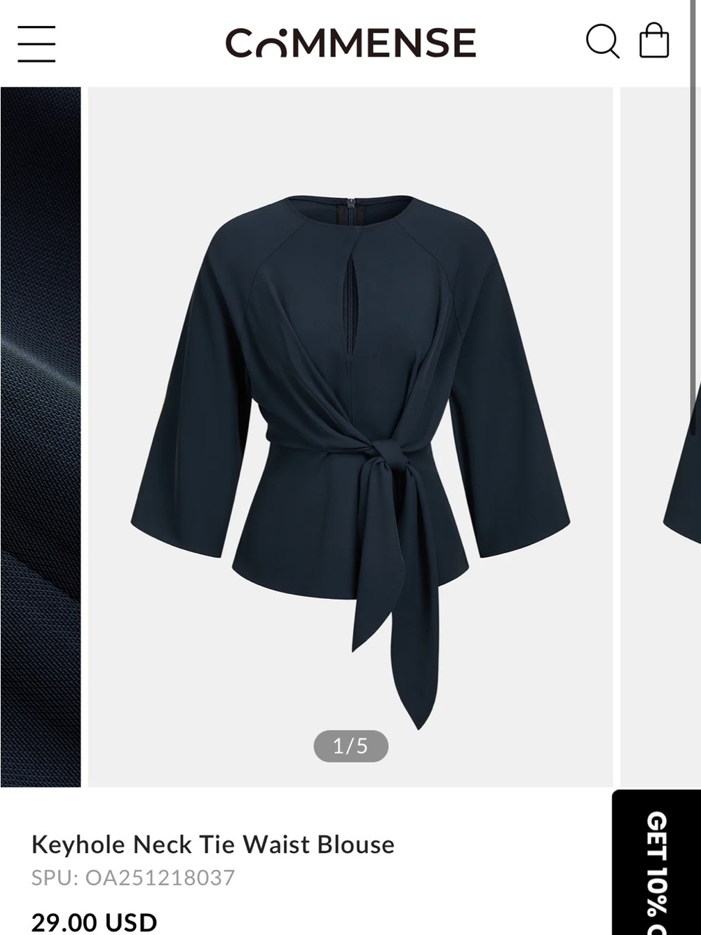 Commense Navy Keyhole Tie-Waist Blouse